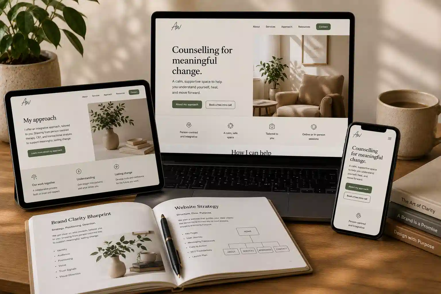 Laptop, tablet and phone showing a therapy website beside practice planning documents