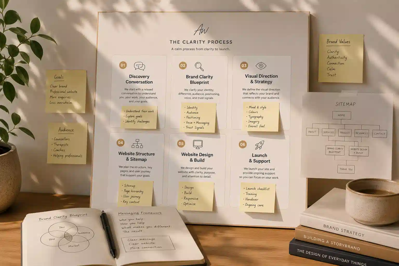 Website planning board with notes, sitemap sketches and practice clarity ideas